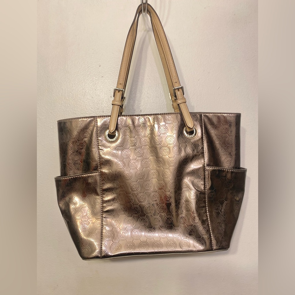 Michael Kors Bronze Metallic Logo Shoulder Purse Handbag Tote - Picture 9 of 14